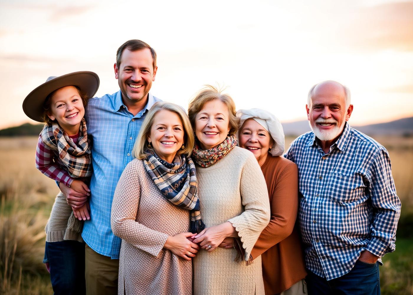 Multigenerational family portrait outdoors at sunset